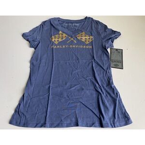 Harley Davidson Women's Sz S Blue Retro Race Flag V-Neck Tee Top T-Shirt NEW